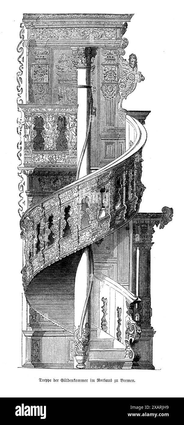 Dieser antike schwarz-weiße Gravur zeigt die Wendeltreppe im Bremer Rathaus, ein Meisterwerk architektonischer Gestaltung. Das Kunstwerk fängt die Eleganz und die komplizierte Handwerkskunst der Treppe ein, die sich anmutig nach oben windet, mit ihren Balustern und Geländern, die exquisit detailliert sind. Diese Wendeltreppe dient nicht nur einem funktionalen Zweck, sondern verkörpert auch den künstlerischen Geist der Epoche und bietet einen Einblick in die anspruchsvollen Architekturtechniken, die in historischen deutschen Bauwerken verwendet werden Stockfoto