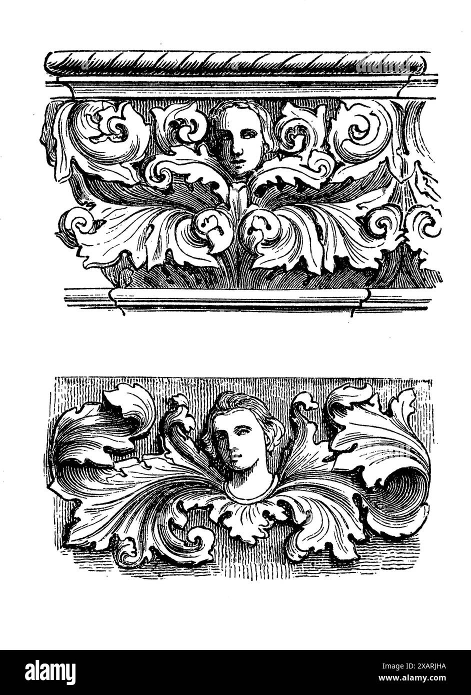 Spätgotische (Tardogotik) Renaissance-Dekor mit einem menschlichen Kopf, der von kompliziertem Laub umgeben ist und entweder als Hauptstadt oder als Frieselement dient. Das Design verbindet die humanistischen Themen der Renaissance mit den raffinierten Naturmotiven, die für die Gotik charakteristisch sind. Die detailreiche Darstellung fängt den Übergang in Stilen ein und unterstreicht die Eleganz und Komplexität dieses dekorativen Ansatzes, der menschliche Figuren in architektonischen Ornamenten geschickt mit der Natur verbindet Stockfoto