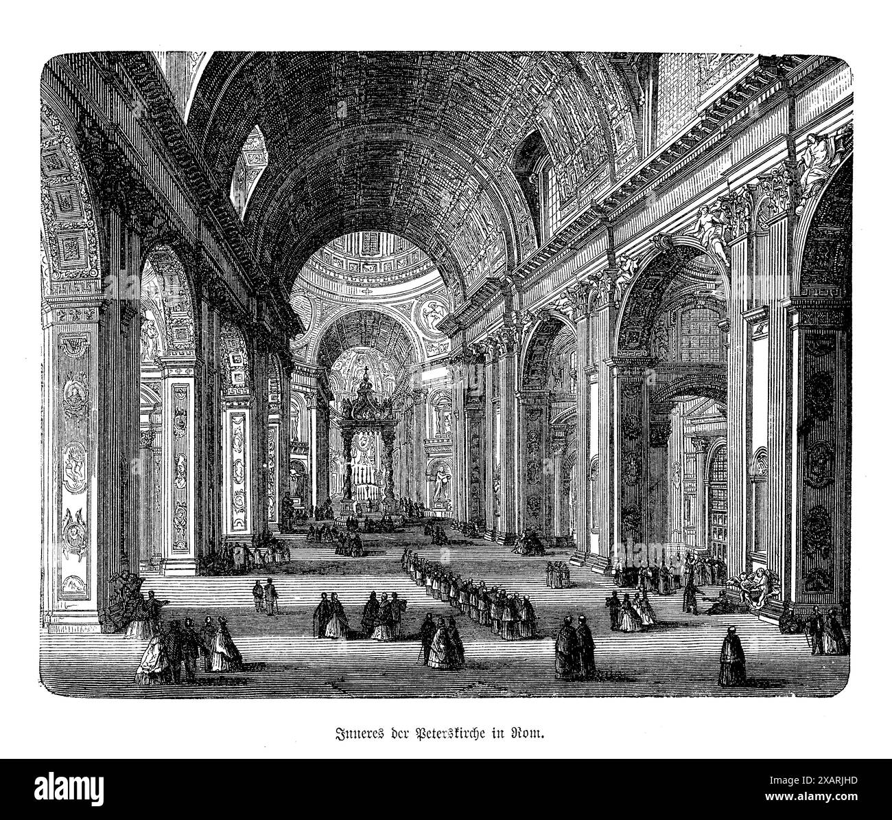 Das majestätische Innere des Petersdoms in Vatikanstadt. Die Gravur zeigt das weitläufige Kirchenschiff, den kunstvollen Altar und die prächtige Kuppel, die von Michelangelo entworfen wurde. Jedes Element zeigt den Höhepunkt der Renaissance-Kunst und -Architektur. Die komplizierten Säulen, die geschwungenen Bögen und die detaillierten Fresken sind alle mit Präzision dargestellt und vermitteln die spirituelle und architektonische Pracht dieser ikonischen religiösen Stätte Stockfoto