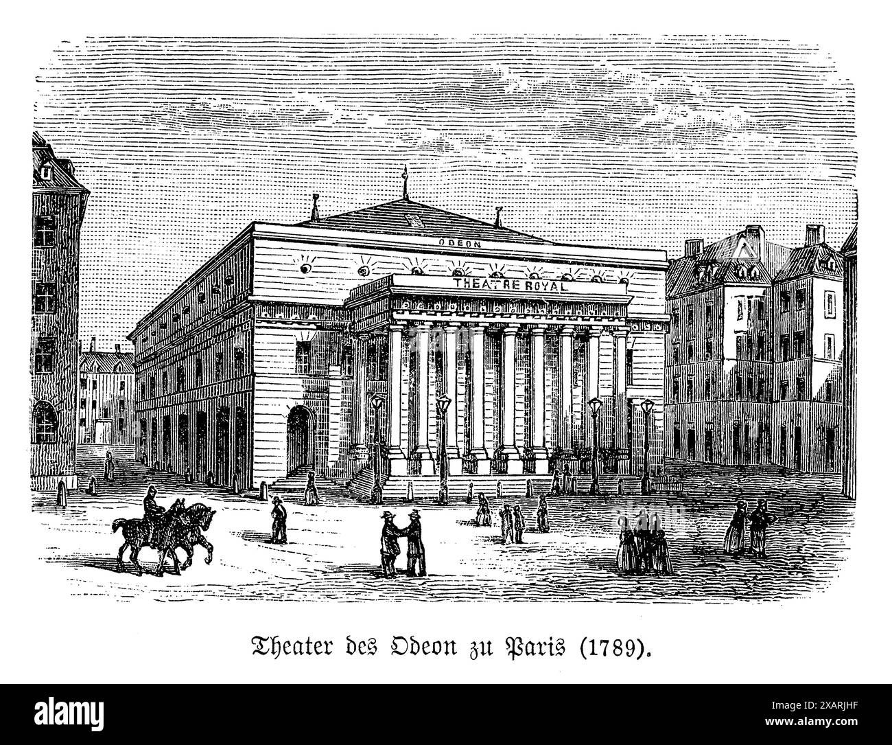 Das Odeon-Theater in Paris, ein elegantes Beispiel für neoklassizistische Architektur. Die Fassade des Theaters wird durch klare, symmetrische Linien und klassische Details wie Säulengang und Giebel hervorgehoben. Im Inneren ist es bekannt für seine reiche Kulturgeschichte, in der viele der renommiertesten Theaterproduktionen Frankreichs stattfanden. Dieser Gravur fängt das Wesen eines historischen Ortes ein, der seit dem späten 18. Jahrhundert ein Eckpfeiler des französischen kulturellen Lebens ist Stockfoto