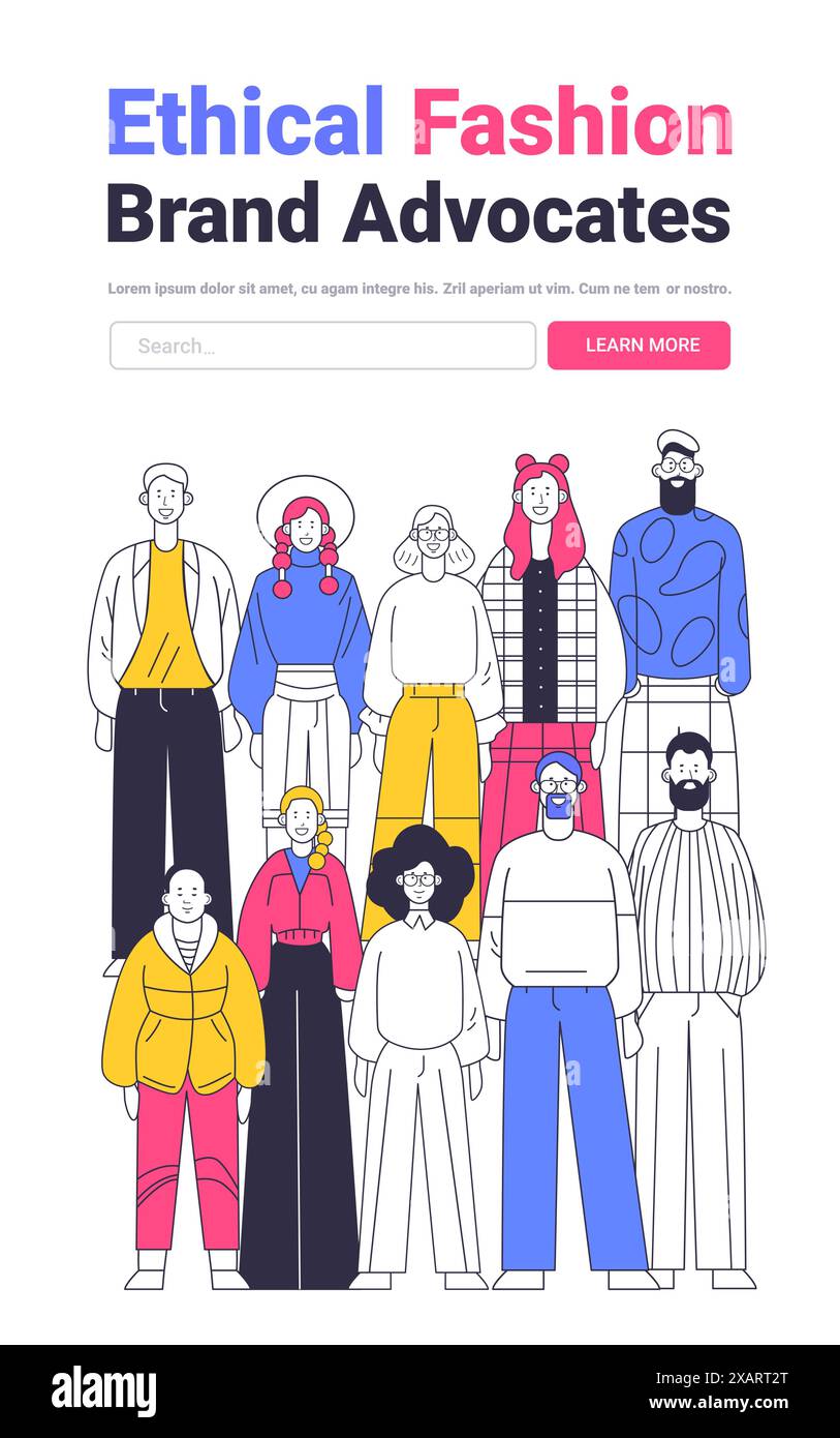 Vielfältige Gruppe von Menschen in bunter Kleidung, die zusammen stehen minimalistischer Line Art Stil, moderne Mode Community, Einheit, ethisches Konzept Stock Vektor