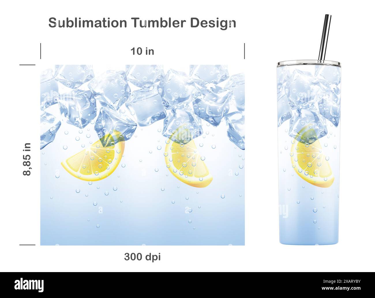 Realistisches Wassergetränk-Muster mit Eiswürfeln und Zitrone. Nahtlose Sublimationsschablone für dünnen 20-ml-Becher. Nahtlos von Kante zu Kante. Stockfoto