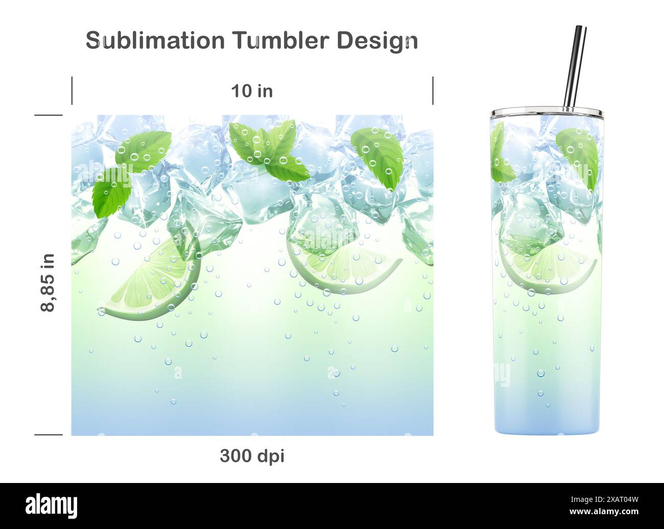 Realistisches Mojito-Getränkemuster mit Eiswürfeln, Limette und Minze. Nahtlose Sublimationsschablone für dünnen 20-ml-Becher. Nahtlos von Kante zu Kante. Stockfoto