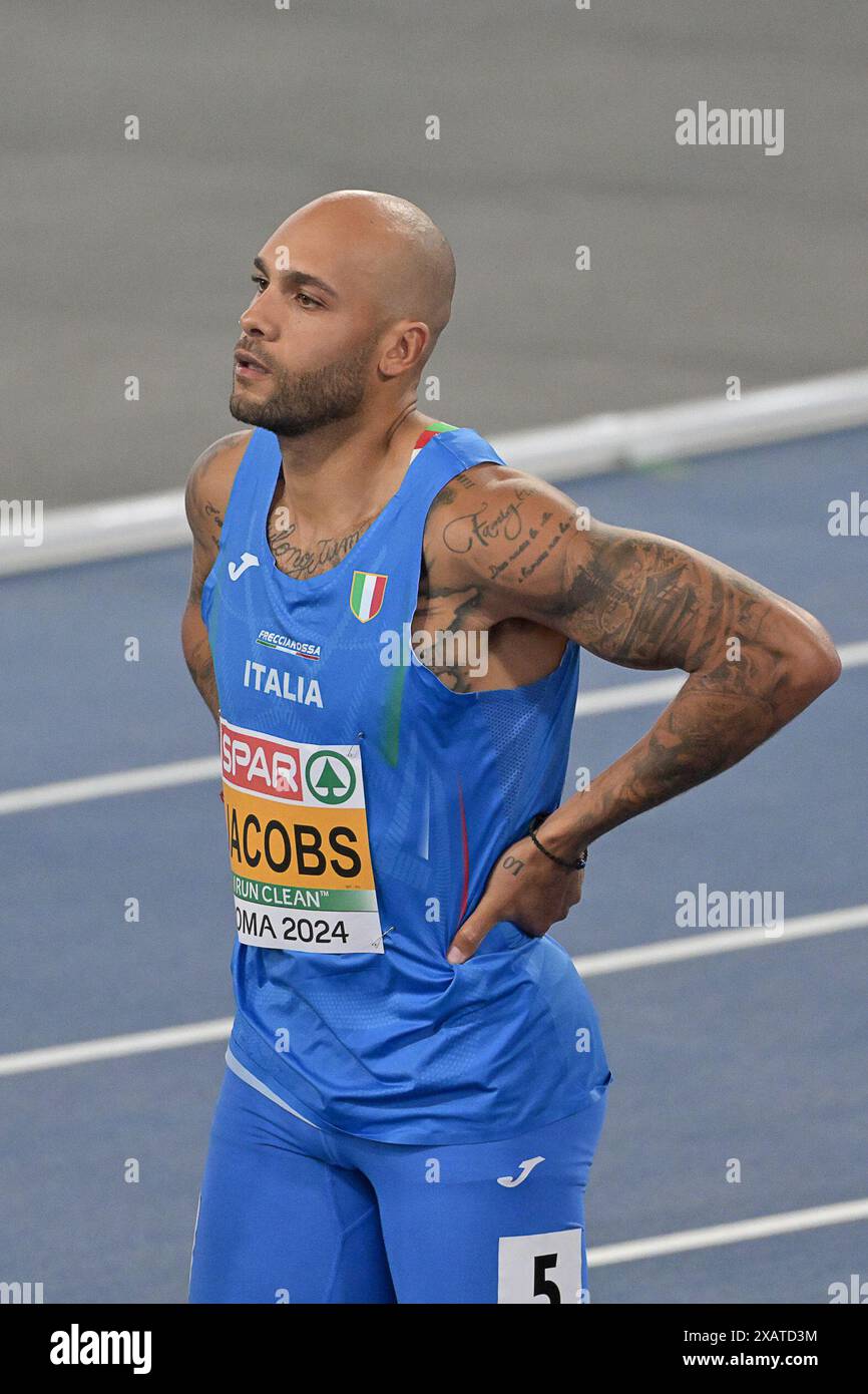 Olympiastadion, Rom, Italien - Lamont Marcell JACOBS 100 Meter Männer während der Leichtathletik-Europameisterschaft 2024 Tag 2, 8. Juni 2024 (Foto: Roberto Ramaccia/SIPA USA) Credit: SIPA USA/Alamy Live News Stockfoto