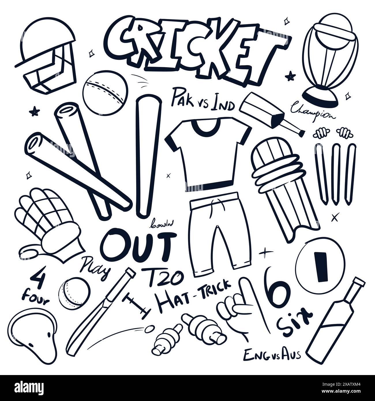 Cricket Doodle Vektor Set. Hand gezeichnet Cricket Zeichnung Illustration Vektor. Cricket Scribble Doodle Stock Vektor