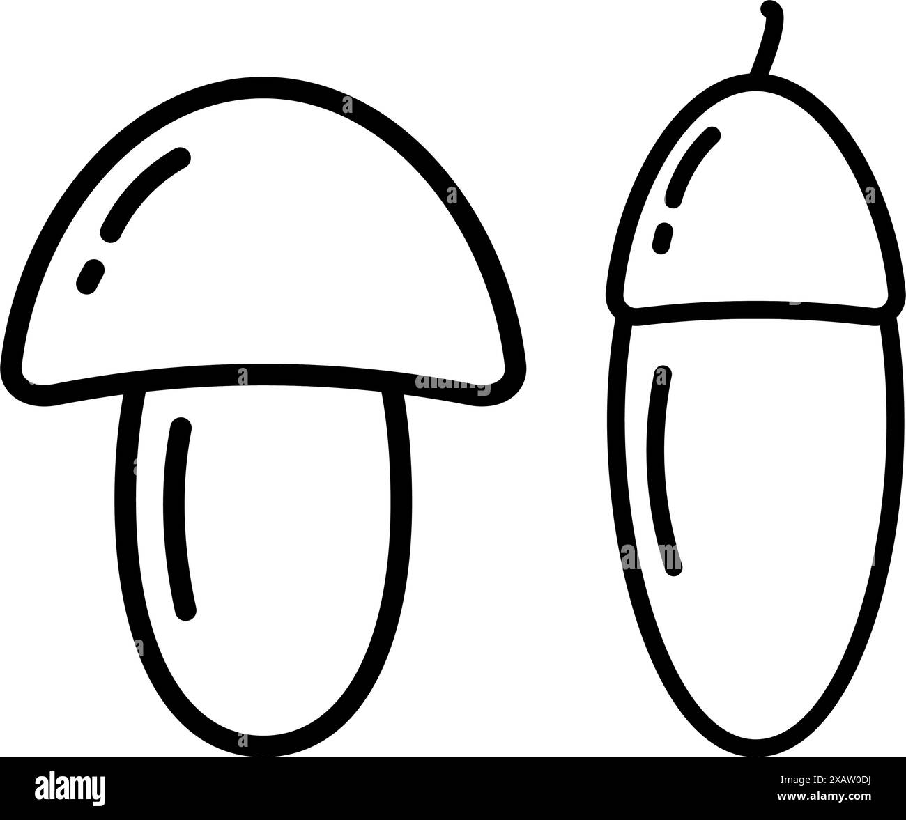 Pilz und Eichel Outline Herbstgemüse im minimalistischen Design des Icon-Logos. Set mit 2 isolierten EPS-Vektoren. Karten, Poster, Banner, Broschüre, Werbeaktion, oder Web, Preisschild, Etikettenidee Stock Vektor