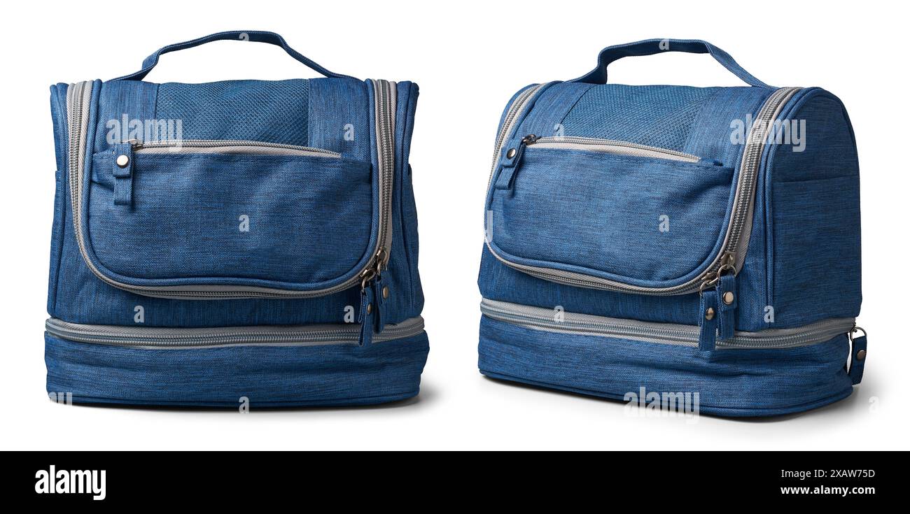 Blaue Stoffhandtasche, Kosmetik- oder Toilettenartikel Waschbeutel isolierter weißer Hintergrund, für persönliche Gegenstände und praktisch für Reisen oder den täglichen Gebrauch Stockfoto