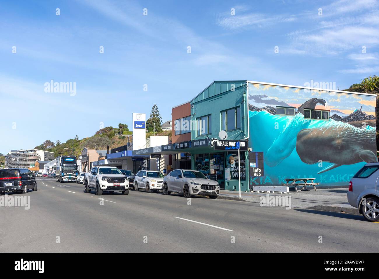 Geschäfte und Restaurants, Esplanade, Kaikōura, Canterbury, Südinsel, Neuseeland Stockfoto