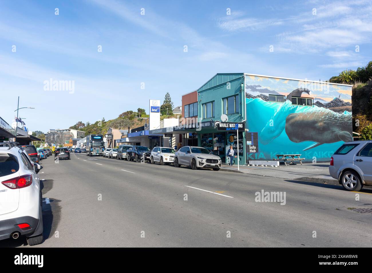 Geschäfte und Restaurants, Esplanade, Kaikōura, Canterbury, Südinsel, Neuseeland Stockfoto