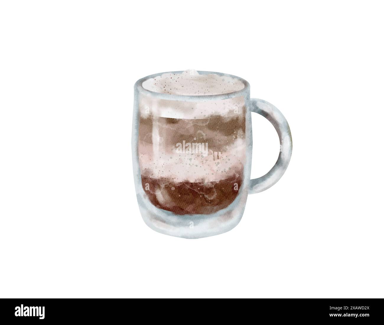Erfrischender Eiskaffee, serviert in einer Tasse aus klarem Glas, perfekt zum Abkühlen an einem heißen Tag. Kaffee, Eiswürfel, Sommer. Isoliertes Objekt auf weißem Hintergrund für die Gestaltung einer Broschüre, eines Flyers, eines E-Pakets, eines Etiketts oder einer Werbung. Digitale Kunst im Aquarellstil. Stockfoto