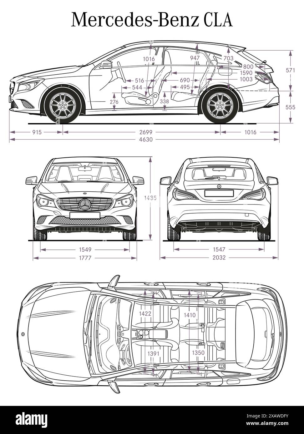 2015 Mercedes Benz CLA-Klasse Pkw-Plan Stock Vektor