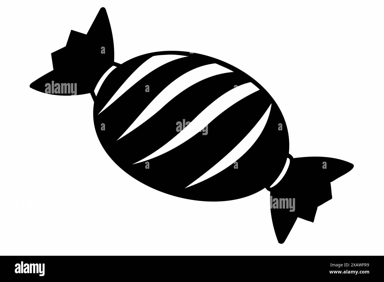 Schwarze Silhouette eines Bonbons in gestreifter Verpackung. Isoliert auf weißem Hintergrund. Süße Leckereien im minimalistischen Stil. Der Begriff der Konditorei Stock Vektor