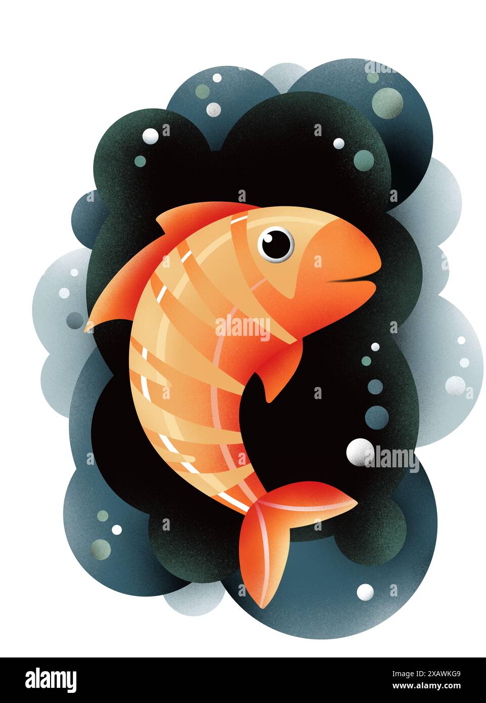 Springender Goldfisch, Illustration im Cartoon-Stil, mit Unterwasserblase Hintergrund. Stockfoto
