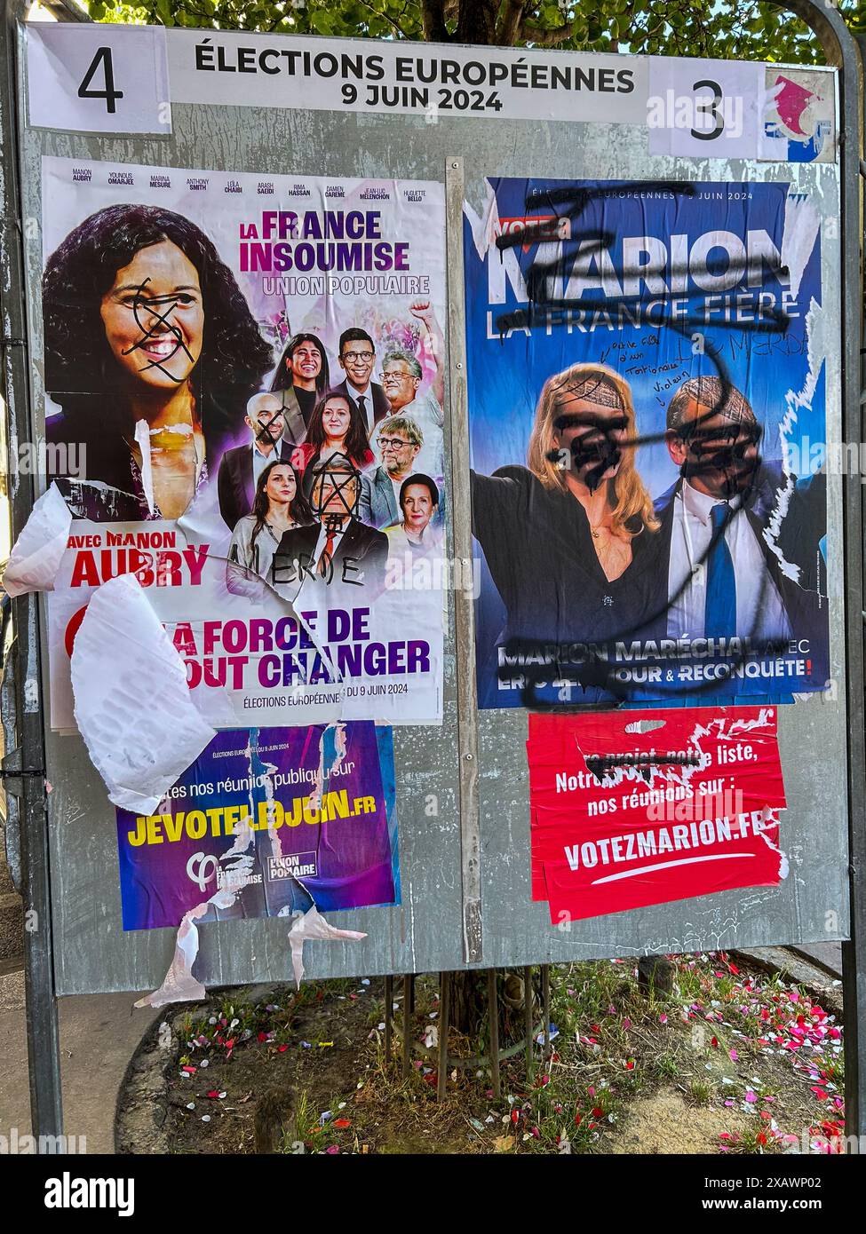 Paris, Frankreich, Plakate für Europawahlen auf der Straße, extreme linke und rechte politische Parteien, LFI Stockfoto