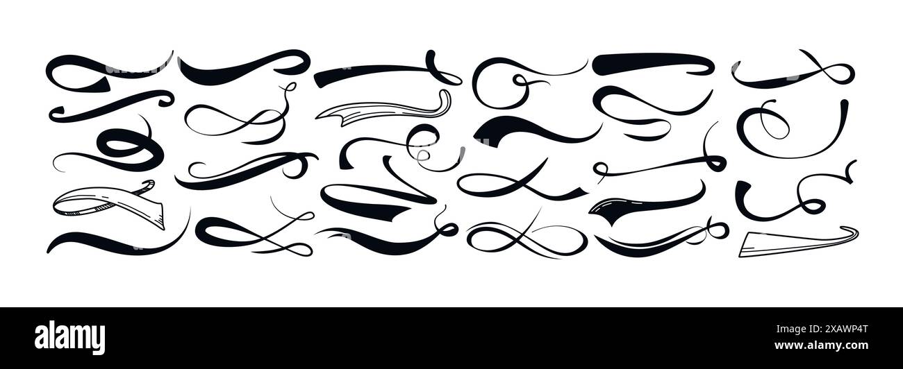 Sportliche Swash-Schwänze, Baseball-Swoosh im Retro-Stil. Unterstrichene Wellenlinie, schwarzer kalligrafischer Swirl für Fußball oder Leichtathletik. Handgezeichnet gelockt wischt typografisches Set. Logo-Typografie-Vektorelemente. Stock Vektor