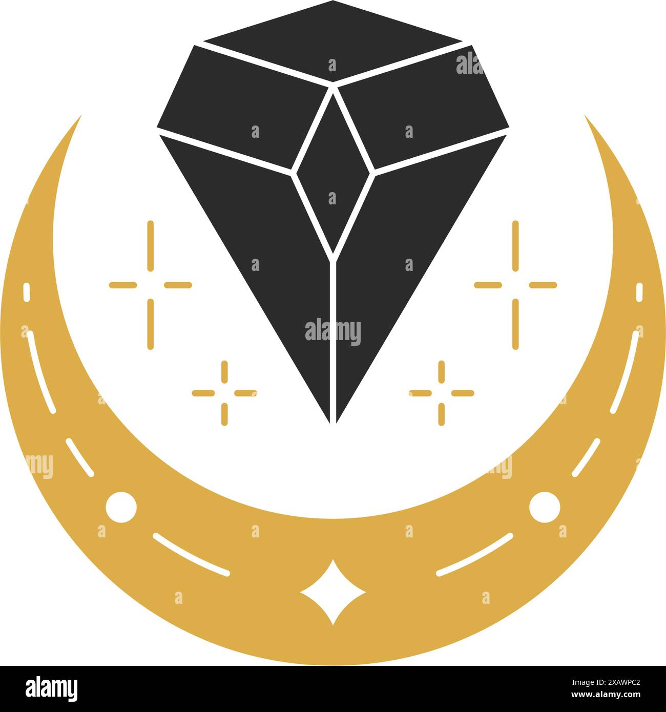 Zauberkristall und Mondsichel Silhouette Vektor Illustration. Hexerei-Zeichnung für Poster und mystische Logo-Emblem oder Modeschmuck. Stock Vektor