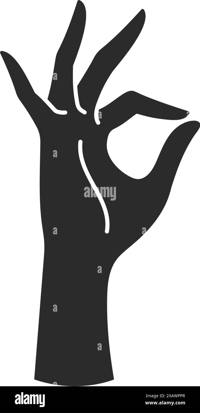 Weibliche Hand mit Gestengeste, die eine Zeichnung in Form eines OK-Zeichens zeigt. Symbol für ausgezeichnete Vektorillustration für Wandbild-Poster oder T-Shirt-Druckvorlage. Stock Vektor