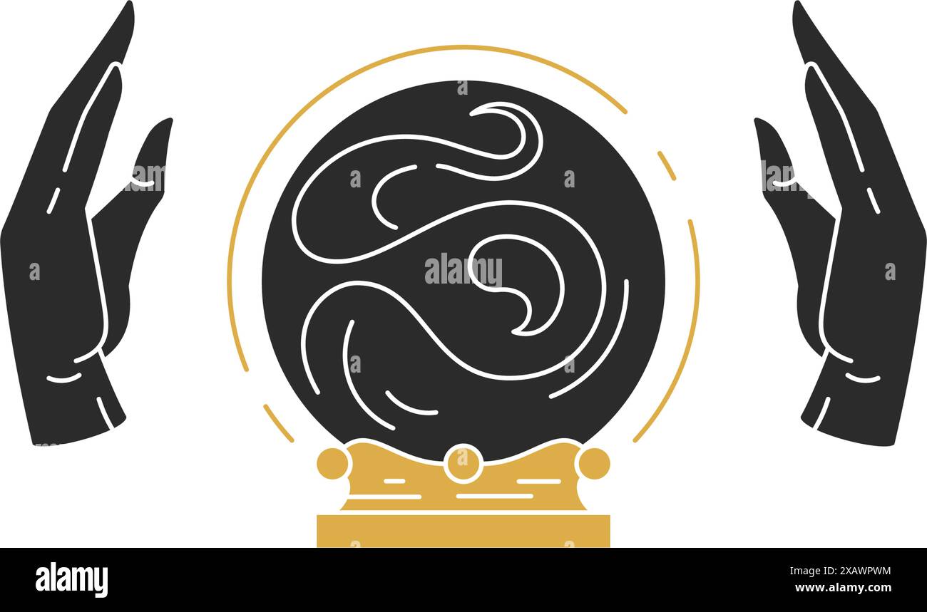 Hände des Wahrsagers und Kristallkugel Silhouette Vektor Illustration. Der Wahrsager versucht, die zukünftige Zeichnung für Poster und mystische Logoemble zu erraten Stock Vektor