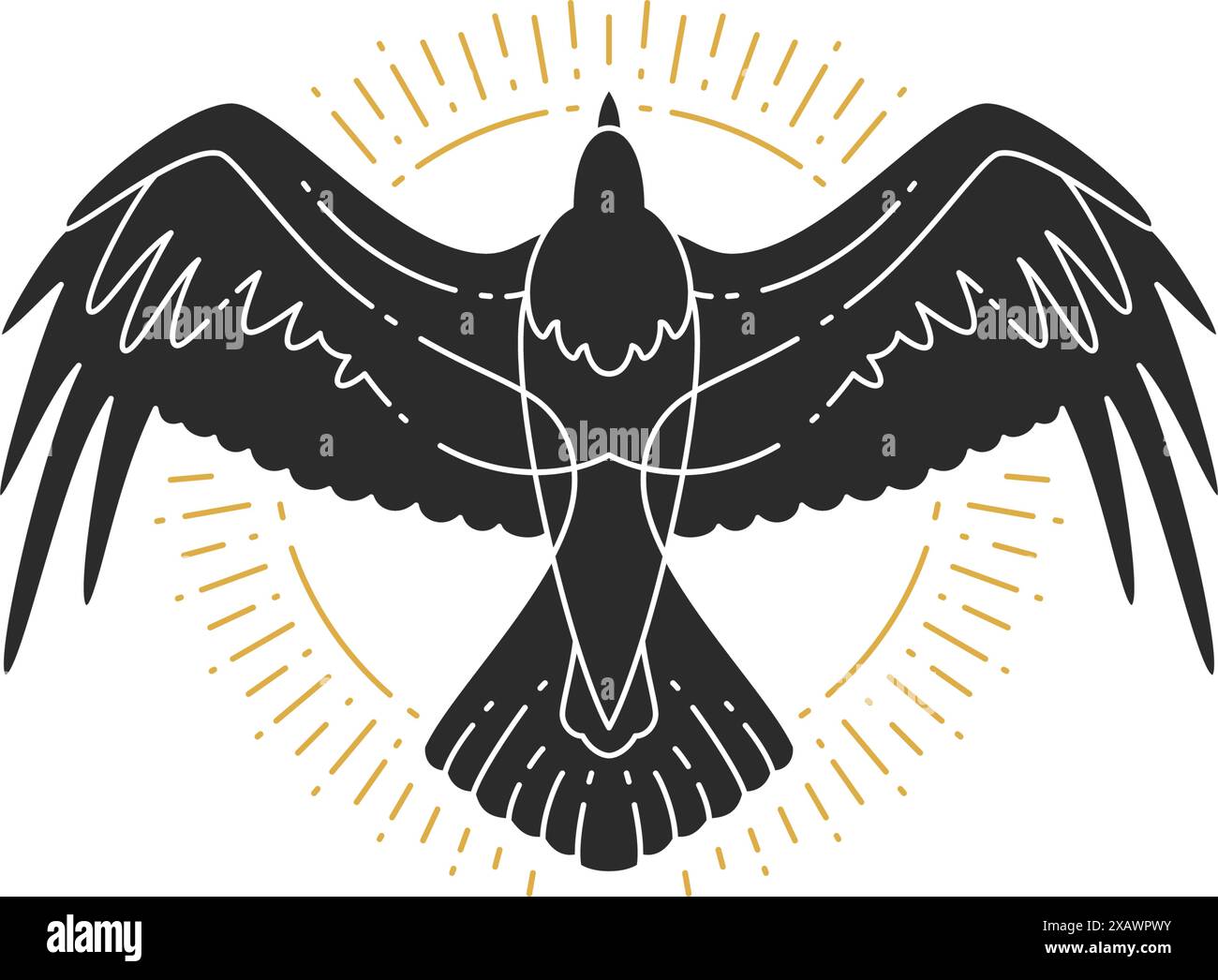 Mystische fliegende Raben Hand gezeichnete Silhouette Vektor Illustration. Hexerei-Zeichnung für Poster und mystische Logo-Emblem oder Modeschmuck. Stock Vektor