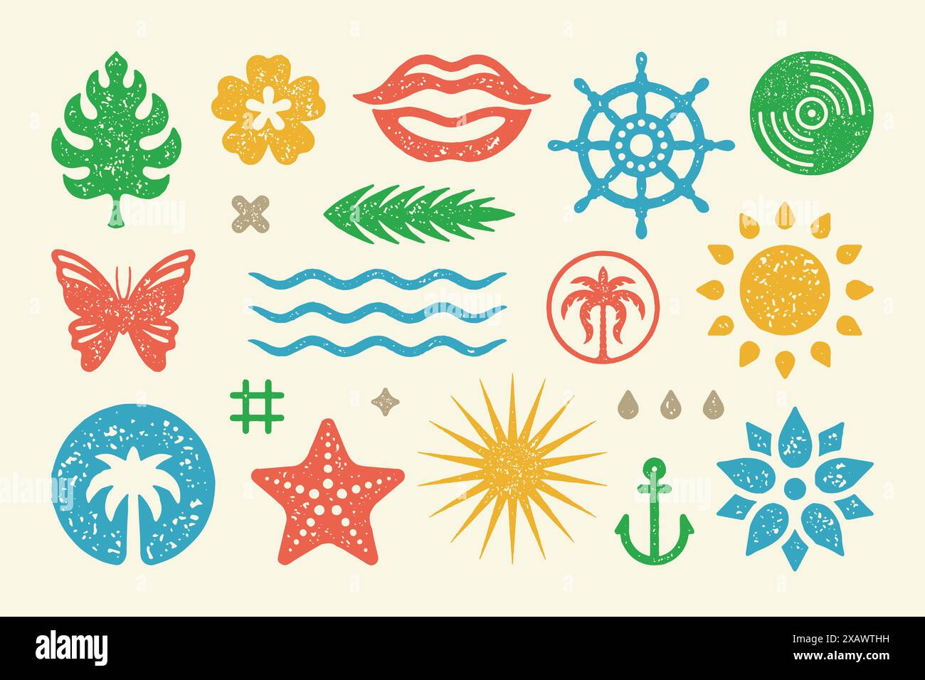 Sommer Symbole und Objekte setzen Vektor-Illustration. Fröhliche Lippen lächeln mit strahlender Sonne und tropischen Blättern. Schmetterling und Seesterne. Lenkrad und Stock Vektor