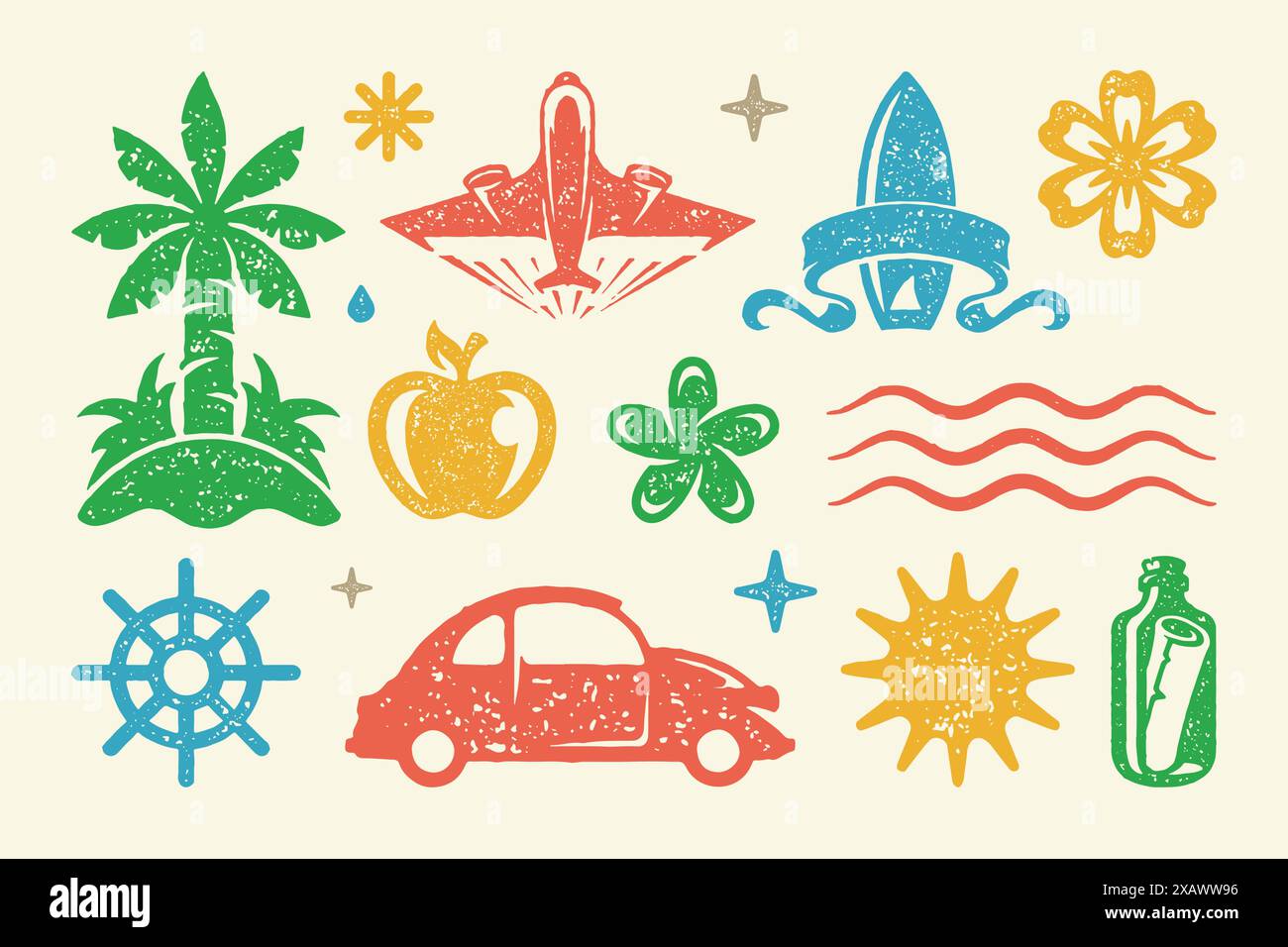 Sommer Symbole und Objekte setzen Vektor-Illustration. PKW mit Schiffslenkrad und reifem Apfel. Wellensterne Symbol mit heller Sonne. Brief Stock Vektor