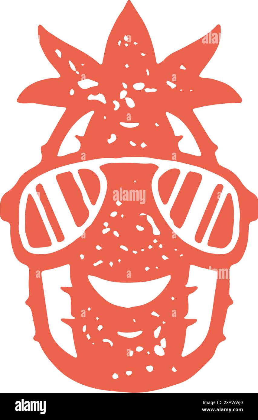 Minimalistisches einfaches Logo rote Ananas Sonnenbrille lächelt mit positiven Emotionen dekoratives Design Grunge Textur Vektor Illustration. Monochrom Hand dr Stock Vektor