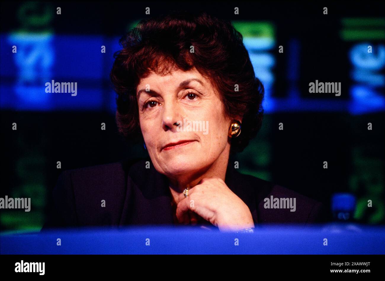 Gillian Shephard sprach auf einer konservativen Pressekonferenz in London, Großbritannien. März 1997 Stockfoto