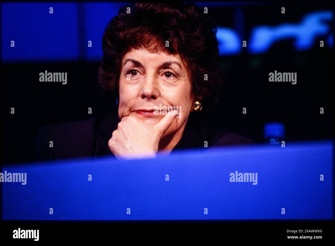 Gillian Shephard sprach auf einer konservativen Pressekonferenz in London, Großbritannien. März 1997 Stockfoto