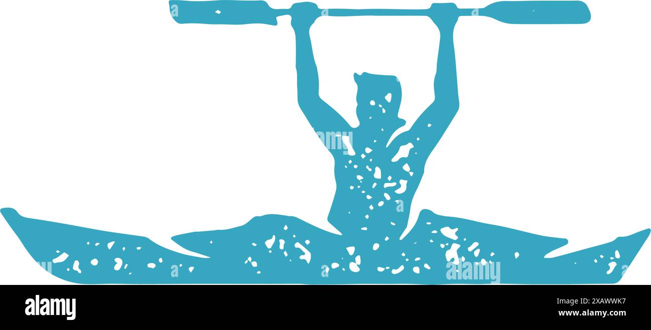 Männlicher Sportler, der auf dem Wasserfluss schwimmt und Paddel über den Kopf hält, genießt das Kajakfahren von Extremsport Hobby Grunge Texture Vector Illustration. Rafting, los Stock Vektor