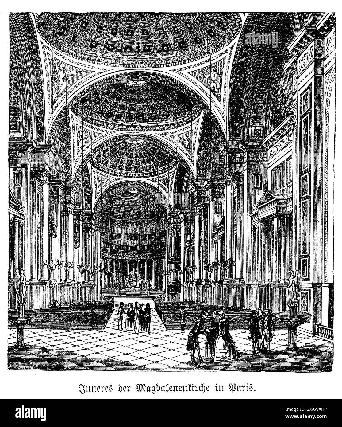 Das „Innere der Kirche Sainte-Marie-Madeleine, Paris“ fängt die Pracht und architektonische Eleganz dieser ikonischen Pariser Kirche ein. Die komplizierten Details zeigen das atemberaubende neoklassizistische Design mit seinen hoch aufragenden Säulen, kunstvollen Dekorationen und dem Spiel von Licht und Schatten, das die ruhige Atmosphäre unterstreicht. Die Perspektive zieht den Blick des Betrachters über den Mittelgang zum majestätischen Altar und weckt ein Gefühl von Ehrfurcht und Ehrfurcht. Dieses Kunstwerk unterstreicht die harmonische Mischung aus Kunst, Architektur und Spiritualität, die die Kirche Sainte-Marie-Madeleine auszeichnet Stockfoto