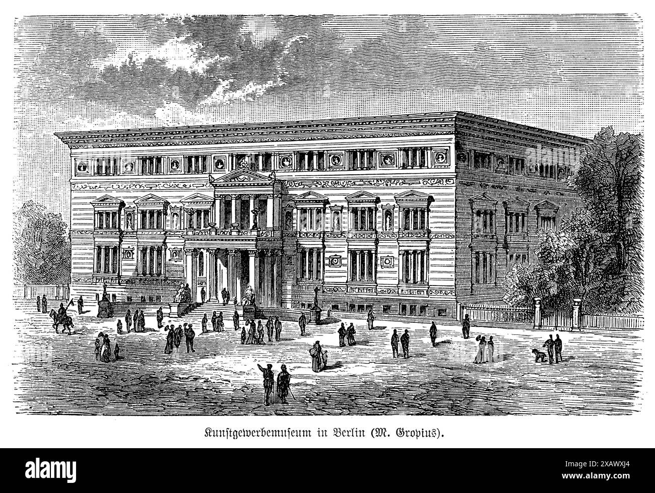 Der Martin-Gropius-Bau in Berlin zeigt die architektonische Pracht dieses historischen Gebäudes, das ursprünglich als Museum für angewandte Kunst entworfen wurde. Das nach seinem Architekten Martin Gropius benannte Gebäude ist ein atemberaubendes Beispiel der Renaissance-Architektur mit kunstvollen Fassaden, großen Bögen und komplizierten dekorativen Details. Die Gravur fängt den majestätischen Eingang, die Symmetrie des Designs und die detailreichen Steinarbeiten ein, die das kulturelle und künstlerische Erbe Berlins verkörpern. Dieses Kunstwerk spiegelt die Bedeutung des Martin-Gropius-Baues als Zentrum für Kunst wider. Stockfoto