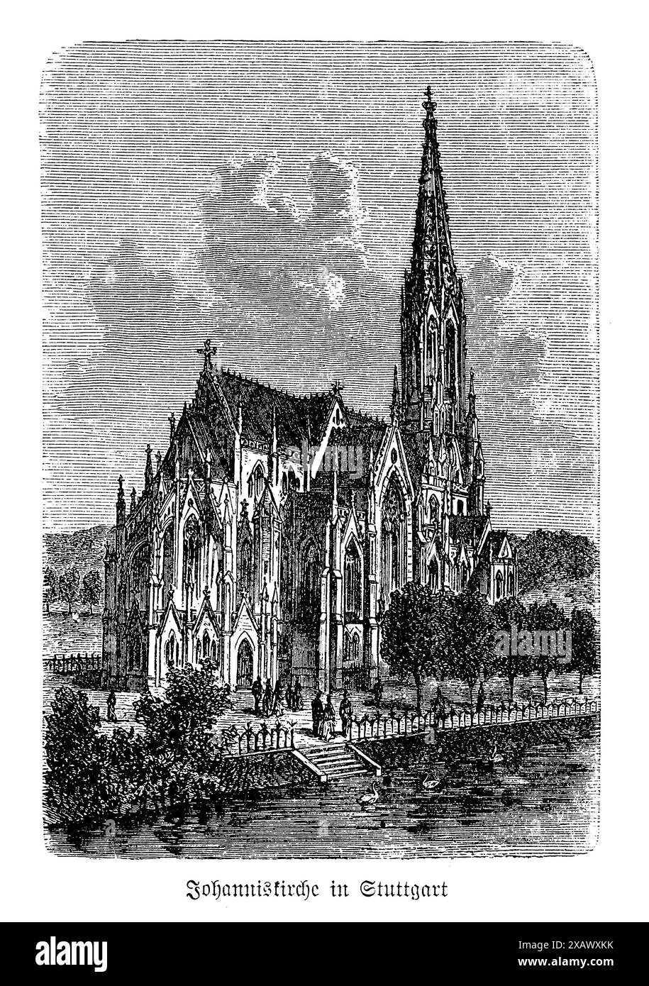 Dieser Stich „St. John's Church, Stuttgart“ fängt meisterhaft die architektonische Pracht dieser ikonischen Kirche ein, die im Stil der Neugotik gestaltet wurde. Das Kunstwerk zeigt die imposante Struktur der Kirche, die durch ihre hohen Türme, detailgetreuen Steinmetzarbeiten und die aufwendige Fassade gekennzeichnet ist. Die komplizierten Details der Spitzbögen, fliegenden Stützen und kunstvollen Dekorationen werden hervorgehoben, was die Pracht und historische Bedeutung der Kirche unterstreicht. Diese Gravur spiegelt die spirituelle und kulturelle Bedeutung der Johanniskirche in Stuttgart wider und feiert ihre Rolle als prominentes Wahrzeichen i Stockfoto