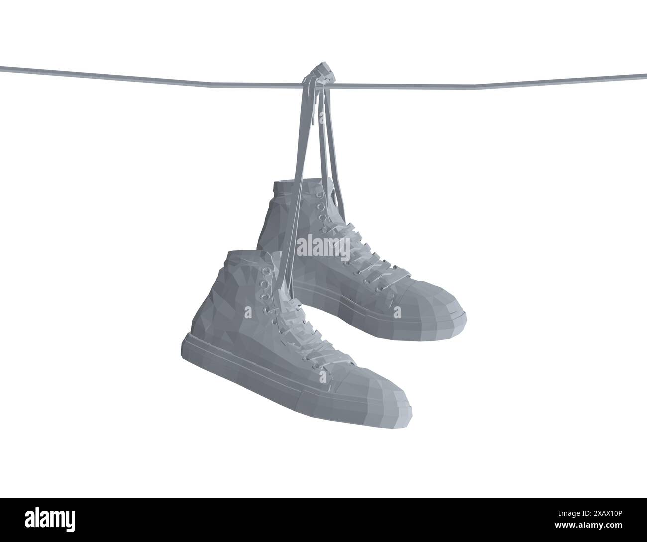 Polygonales Modell Sneakers hängen an einem Seil auf weißem Hintergrund. Vektorabbildung. 3D. Stock Vektor