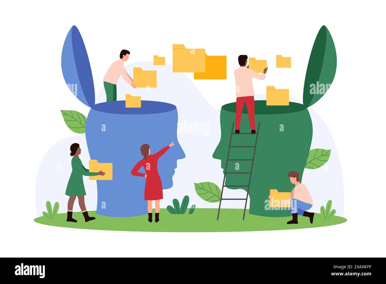 Datenaustausch und Informationskommunikation Fortschritt, Informations- und Wissenstransfer im Bereich Lernen, Ausbildung. Kleine Leute teilen Ordner mit Dateien zwischen zwei menschlichen Köpfen Cartoon Vektor Illustration Stock Vektor