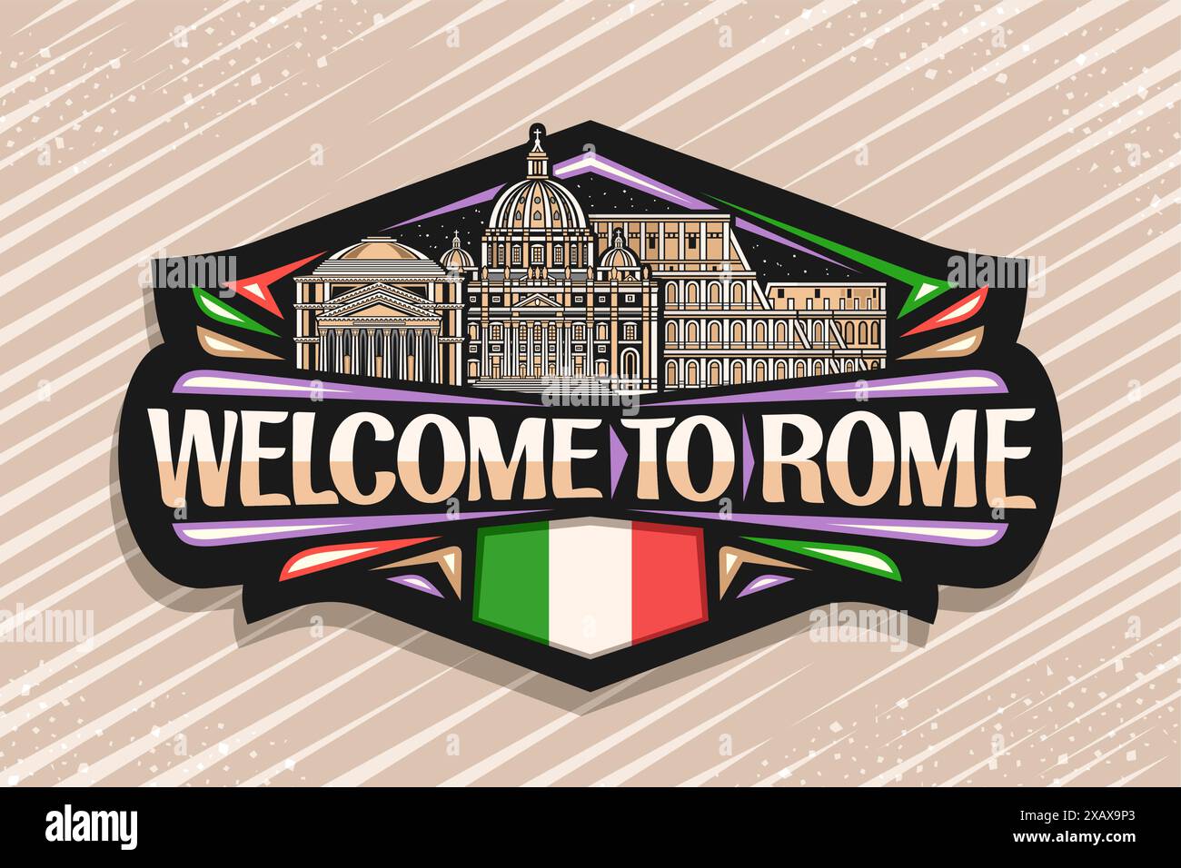 Vektor-Logo für Rom, schwarzes dekoratives Tag mit Umrissillustration der berühmten historischen rom Stadtlandschaft auf nächtlichem Himmel Hintergrund, Kunstdesign urba Stock Vektor