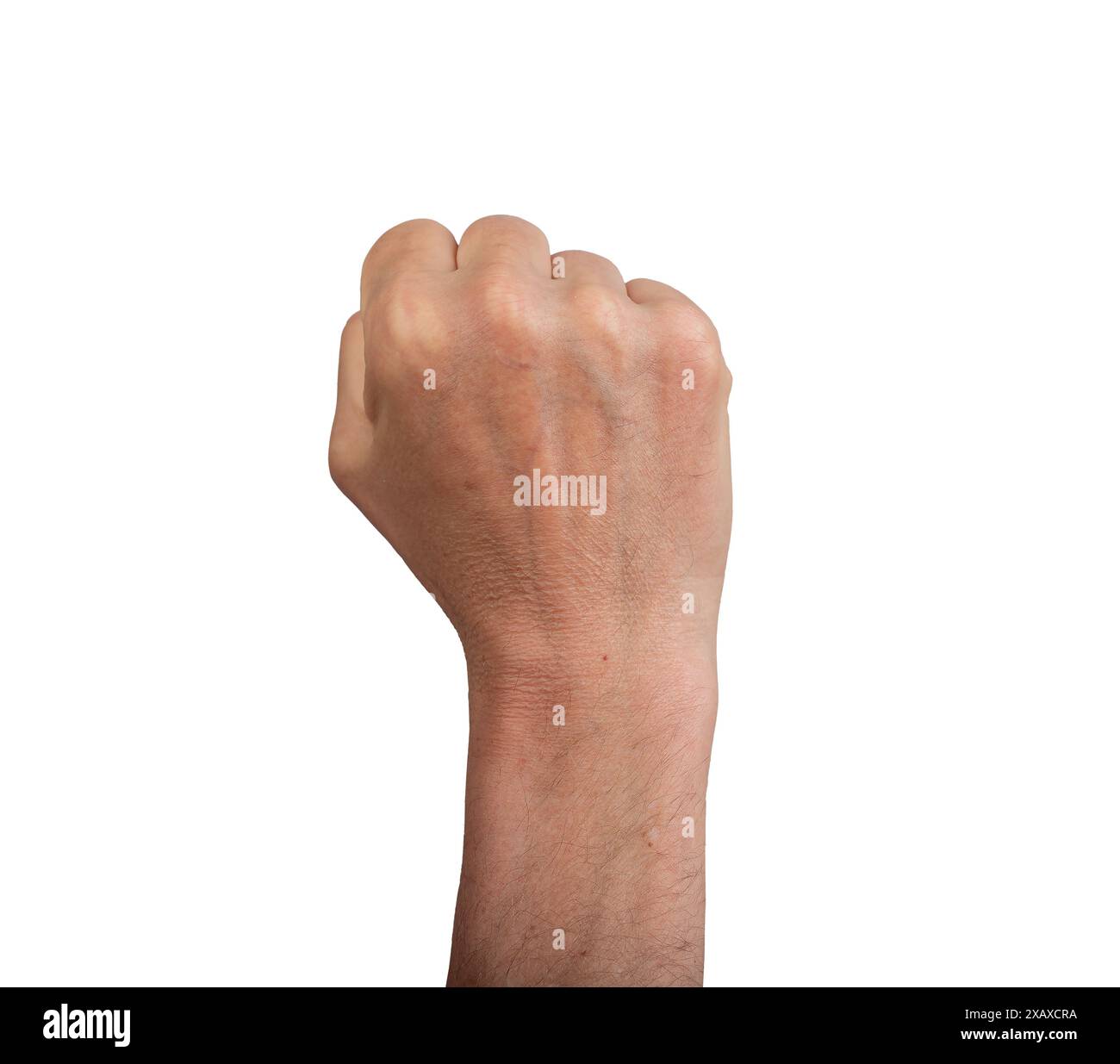 Die erhobene Faust symbolisiert Macht und Widerstand, isoliert auf weiß. Männliche Hand zeigt Stärke und Protest, perfekt für Konzepte von Revolution, Freiheit, Stockfoto