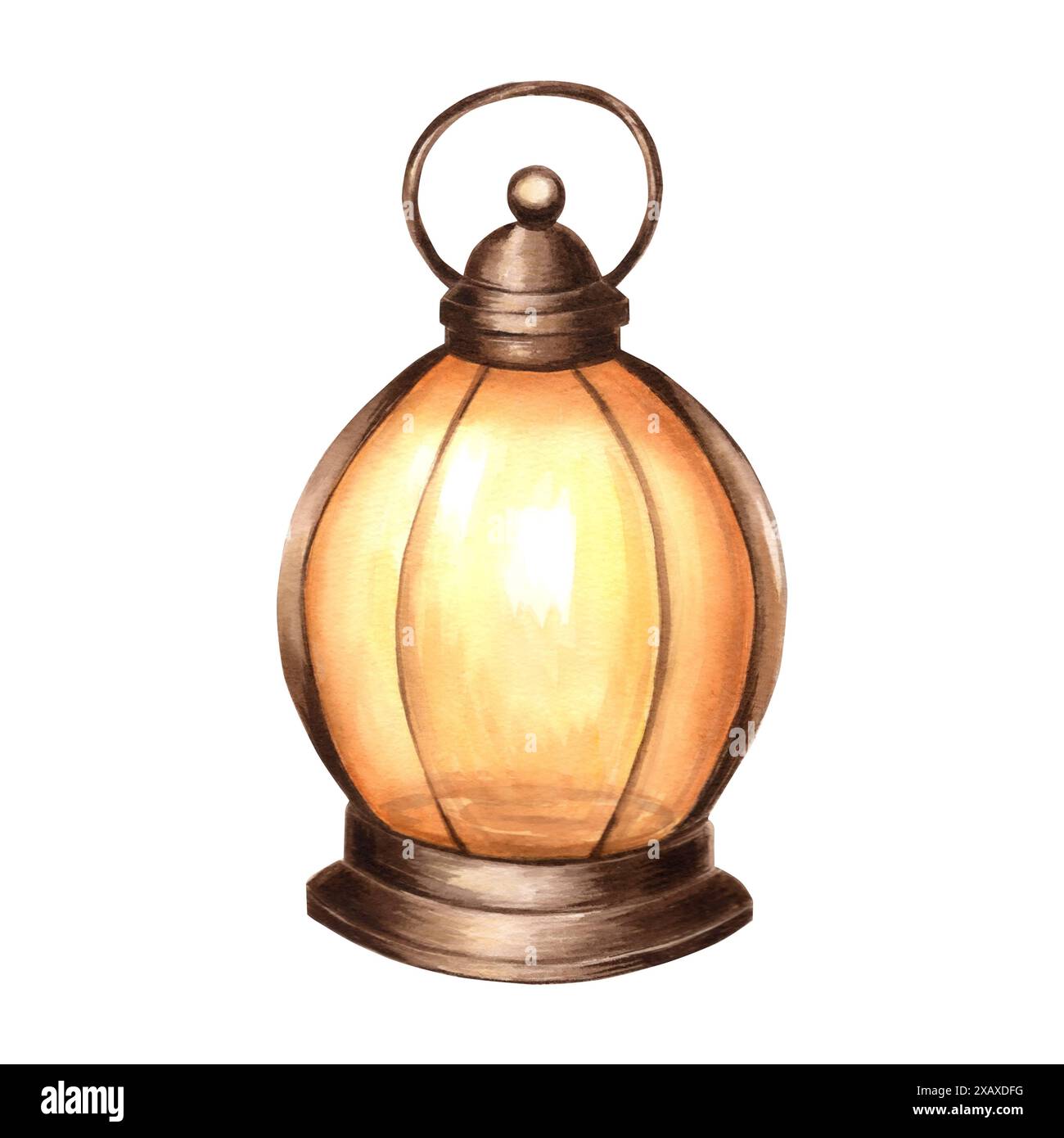 Öllampe Vintage, brennendes warmes Licht. Handgezeichnete Aquarellillustration isoliert. Altmodische Kerosin-Laterne zum Wandern, Camping Clipart Design e Stockfoto