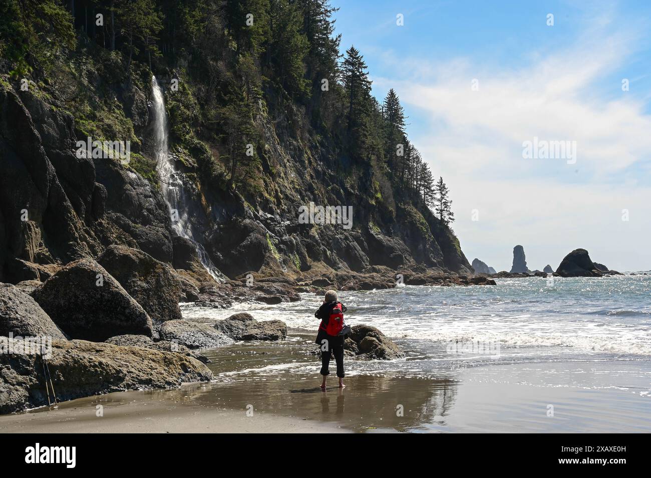 Wasserfall, der in den Pazifik fällt. Third Beach, Olympic National Park, WA. Stockfoto