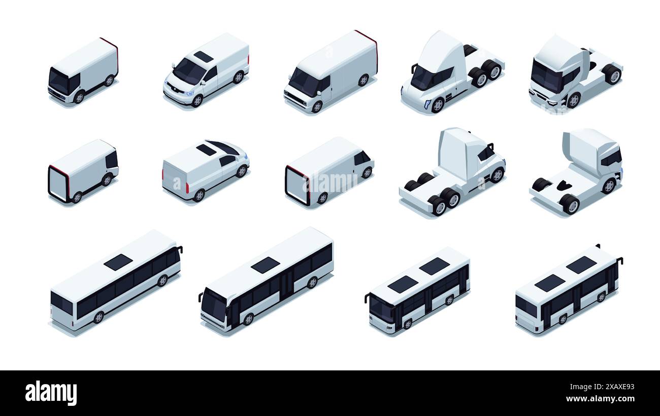 Verschiedene isometrische Fahrzeuge. Logistikfahrzeuge mit Lastenanhänger, Lastwagenwagen und Motorrad für Transportunternehmen. Vektorsatz. Anders Stock Vektor