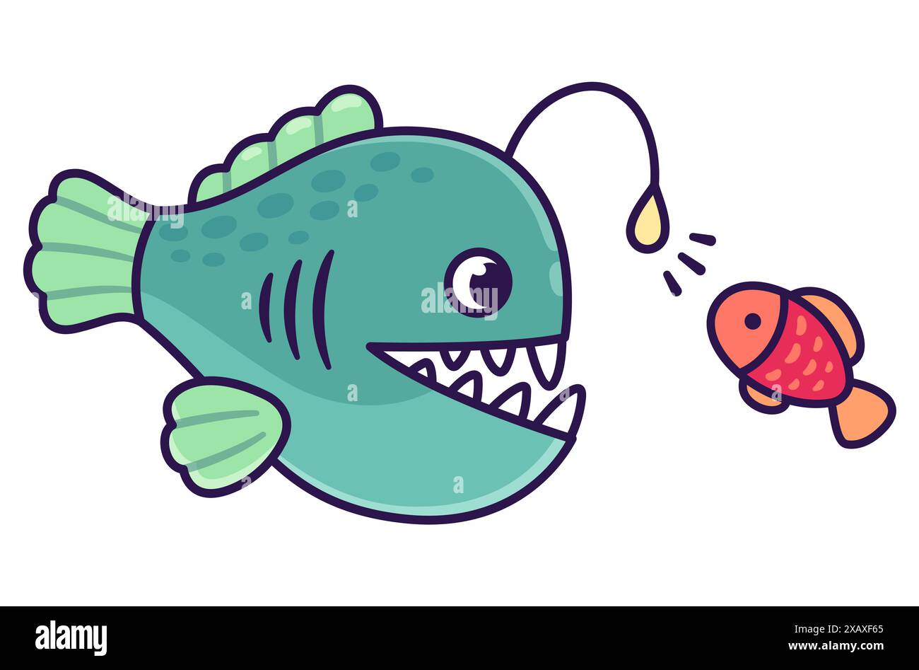 Seeteufel locken kleine Fische mit ihrem Anglerlicht, Zeichentrickzeichnung. Illustration der Tiefsee-Kreaturen. Stock Vektor