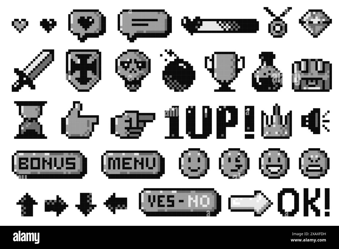 Schwarze Pixel-Spielsymbole. 8-Bit-Arcade-Spielelemente, einfache Cursor-Handsymbole, Health-Leiste, UI-Schaltflächen, Emoticon-Gesichter. Vektor-isolierte Sammlung. Stock Vektor