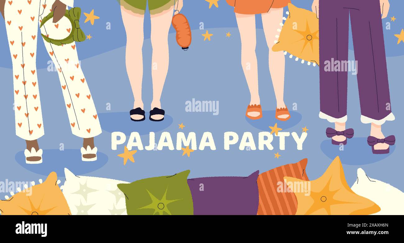 Pyjama-Party. Cartoon-Einladungskarte mit niedlichen Mädchen in Nachtwäsche, Schlaffeier mit Pyjama und Hausschuhen. Vektor-Flyer-Vorlage Stock Vektor