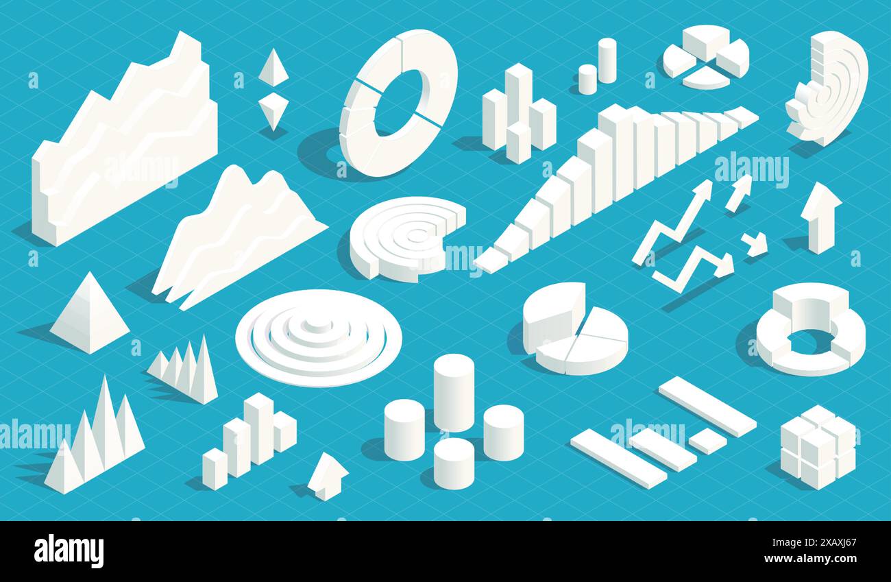 Isometrische Infografik-Elemente. Diagramme und Diagramme für Geschäftsdaten, statistische Diagramme und Tortendiagramme, Web-Infografiken. Vektorsammlung Stock Vektor