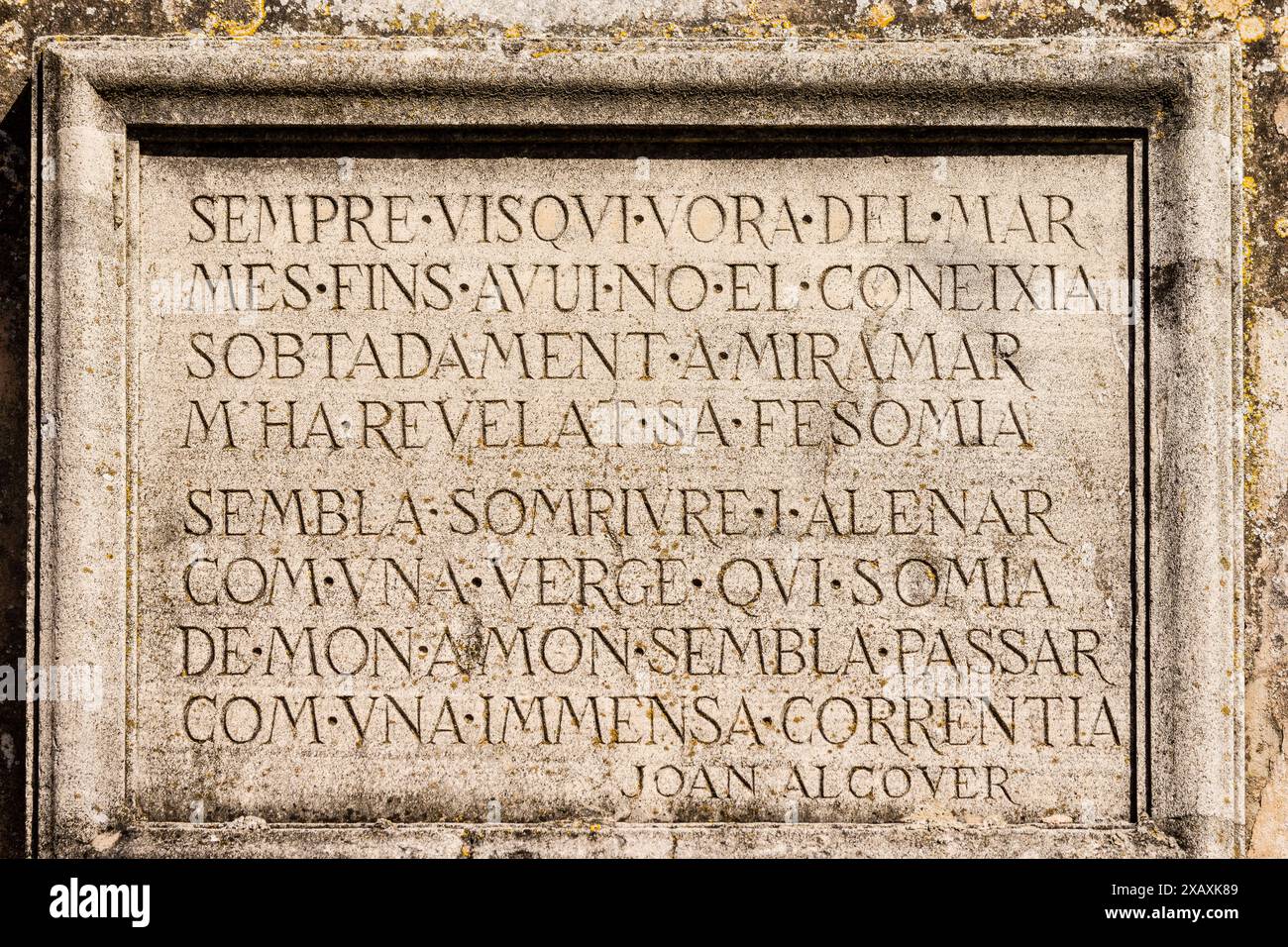 Text von Joan Alcover, Kloster von Miramar, Valldemossa, gegründet 1276 von Jaume II. Auf Bitten von Ramon Llull, Mallorca, balearen, spai Stockfoto