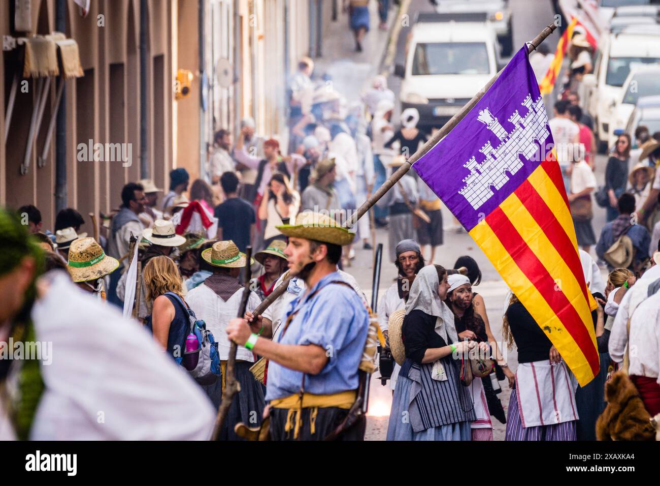 Mallorquinische Flagge, Schlacht von Pont den Barona, Mauren und Christen, es Firó, Soller, Mallorca, balearen, spanien Stockfoto