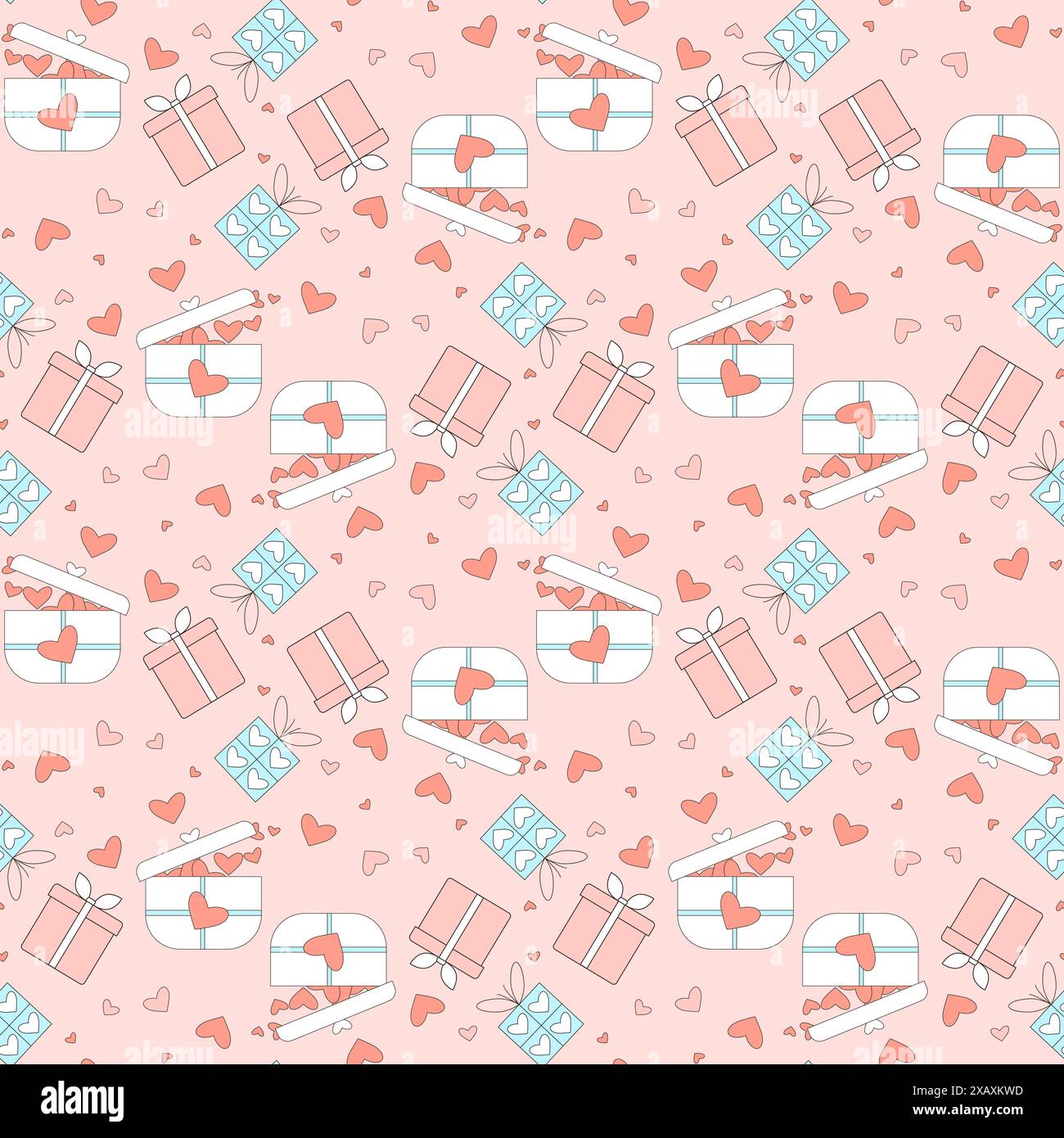 Nahtloses Weihnachtsmuster mit Geschenkboxen mit rotem Herzen, endlosem Hintergrund zum Geburtstag in Rosa, die einen verspielten und skurrilen Charme verleihen. Vektorhand Stock Vektor