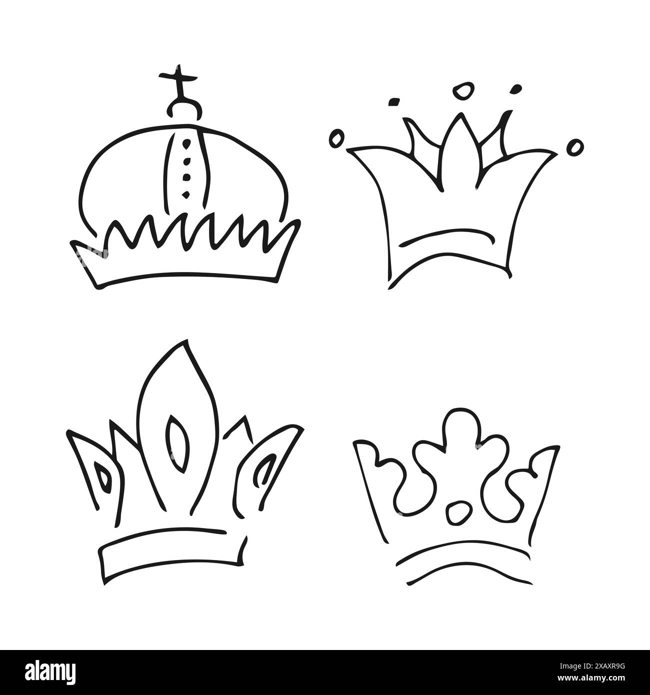Handgezeichnete Kronen. Set aus vier einfachen Graffiti-Sketch-Königin- oder Königskronen. Königliche kaiserliche Krönung und Monarchensymbole. Schwarze Pinselkritzelei isoliert Stock Vektor