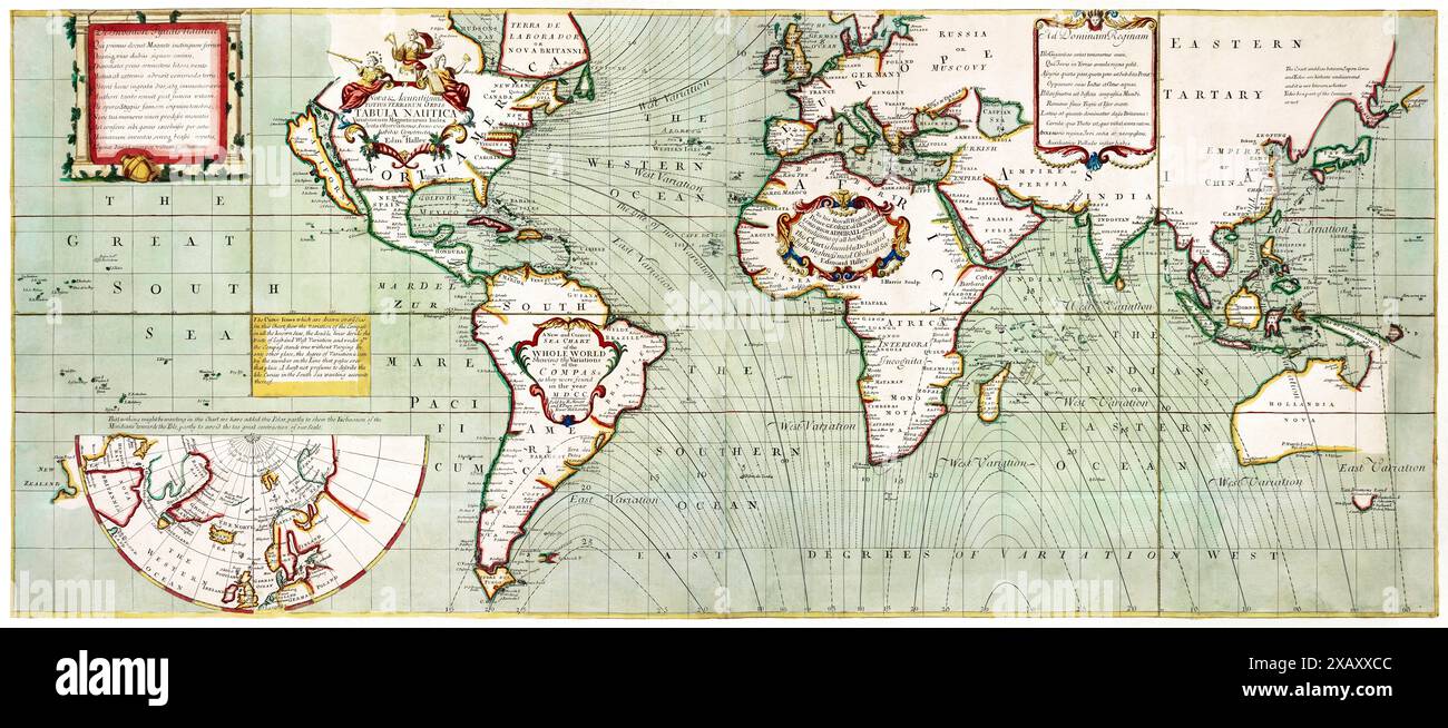 Nova exacatissima totius terrarum orbis tabula nautica variationum magneticarum Index juxta observationes Anno 1700 (1702–1707) von Samuel Thornton. Stockfoto