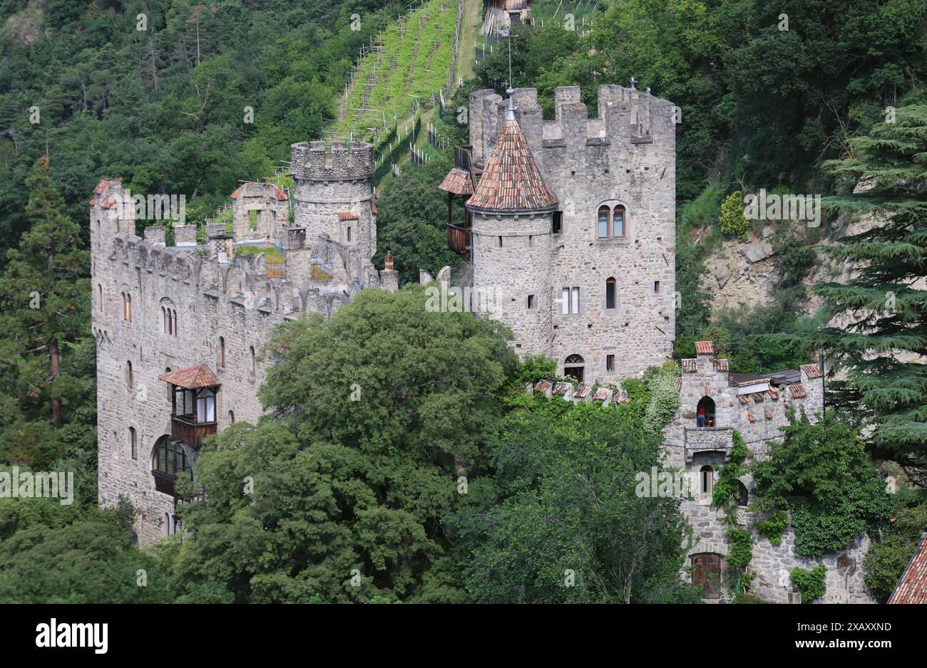 Dorf Tirol, Südtirol, Italien 07. Juni 2024: Hier der Blick von Dorf Tirol, Tirolo oberhalb von Meran auf die Brunnenburg, Castel Fontana, Hangburg, Ezra Pound, Landwirtschaftsmuseum, Meraner Land, Burggrafenamt, wandern, spazieren, Tourismus, Hotspot, Urlaubsdomizil *** Dorf Tirol, Südtirol, Italien 07 Juni 2024 hier ist der Blick vom Dorf Tirol, Tirol oberhalb von Meran auf die Brunnenburg, Castel Fontana, Hangburg, Ezra Pound, Landwirtschaftsmuseum, Meraner Land, Burggrafenamt, Wandern, Wandern, Tourismus, Hotspot, Urlaubsziel Stockfoto