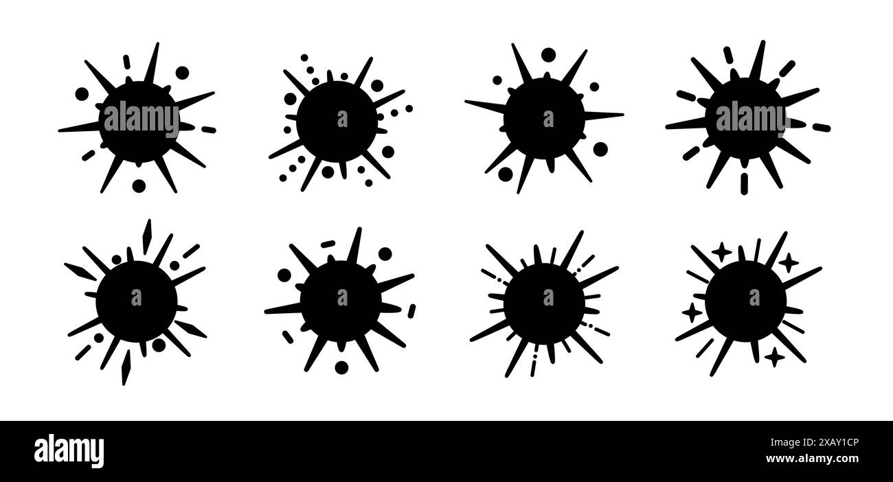 Set von Sonnenstrahlen. Hintergrund mit radialen Streifen. Setzen Sie Starburst- und Sunburst-Zeichen. Rabattaufkleber, Best for Sale-Aufkleber, Qualitätskennzeichen, Abschlussball Stockfoto